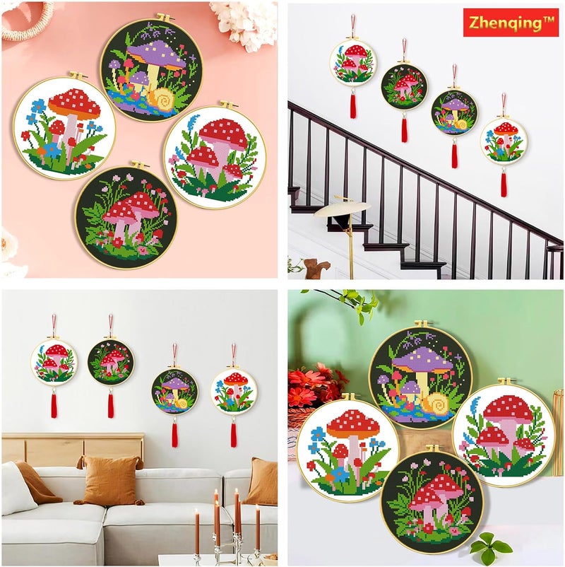 Zhenqing 4 Mushroom Cross Stitch Kit for Beginners, 11CT Printed White Cotton Fabric 24x24cm with Hoop, Fantasy Forest Embroidery Set（69036） - Image 5